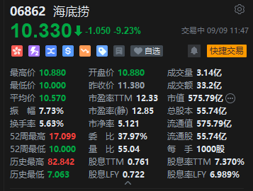 海底捞放量重挫超12%创两年新低 传张勇妻子折价减持