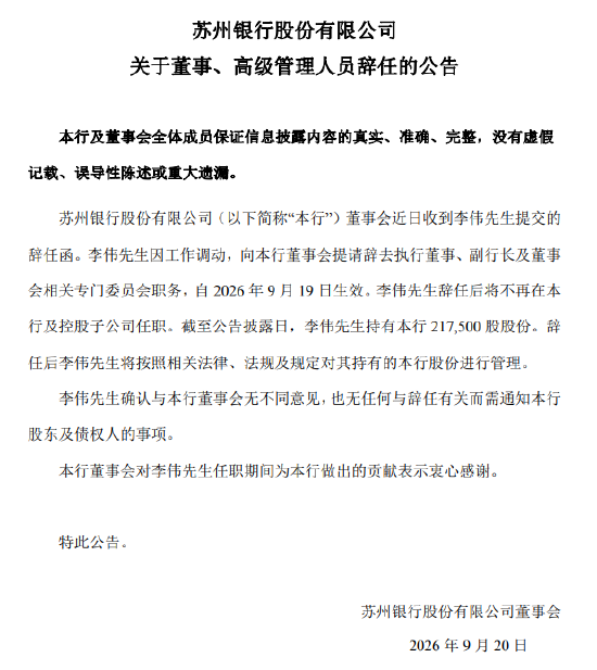 苏州银行：董事、副行长李伟因工作调动辞任
