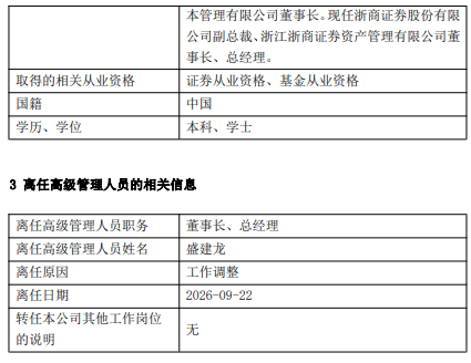 浙商资管高管变更：盛建龙卸任 楼小平接任董事长	、总经理